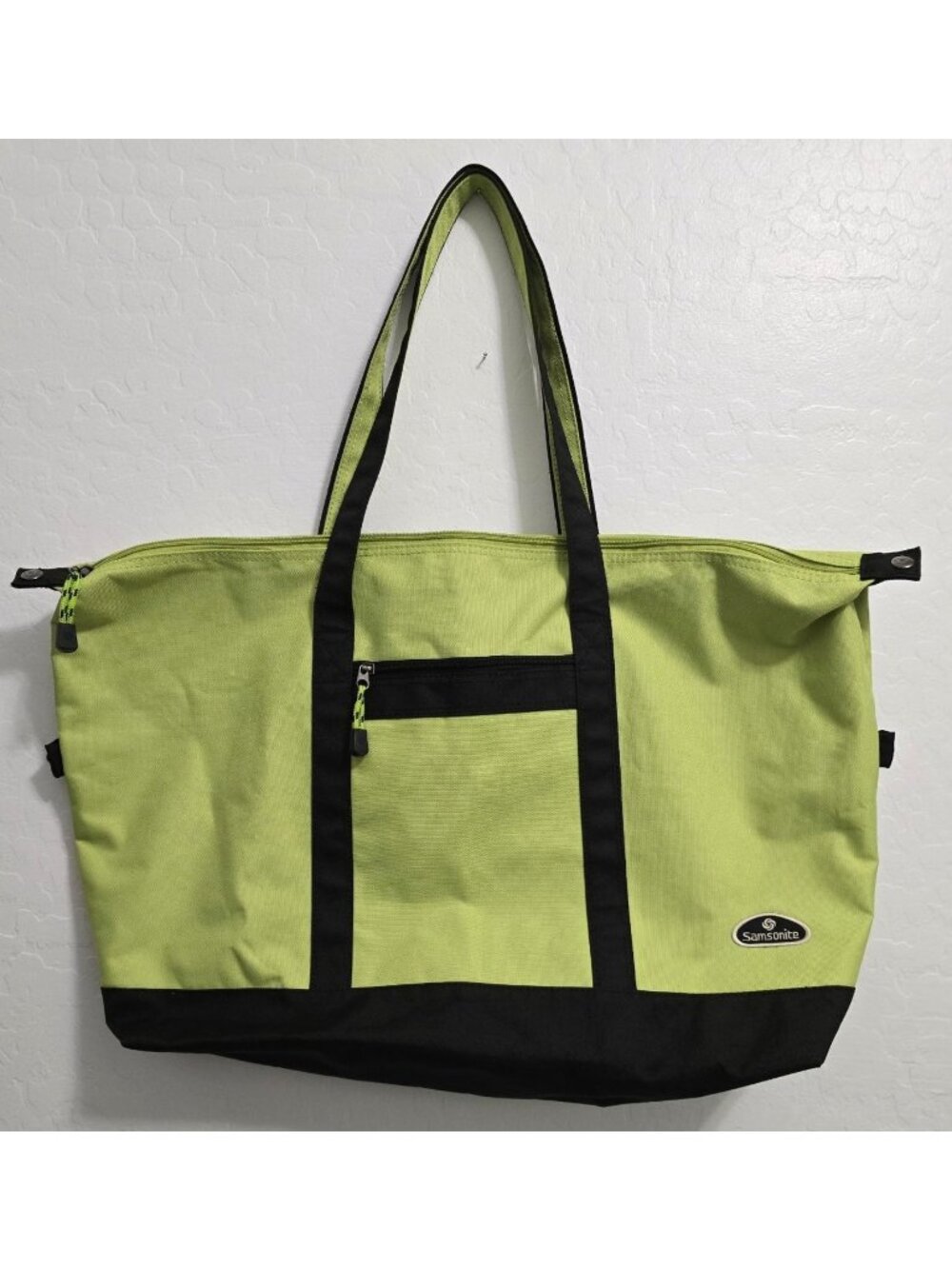 Samsonite Lime Green & Black Canvas Tote Bag With Zipper & Front Pocket